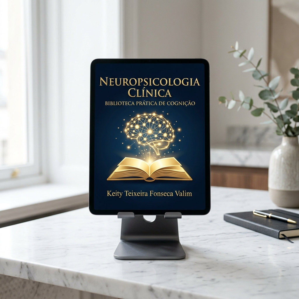 E-book Neuropsicologia Clínica exibido em tablet digital por Dra. Keity Teixeira Fonseca Valim